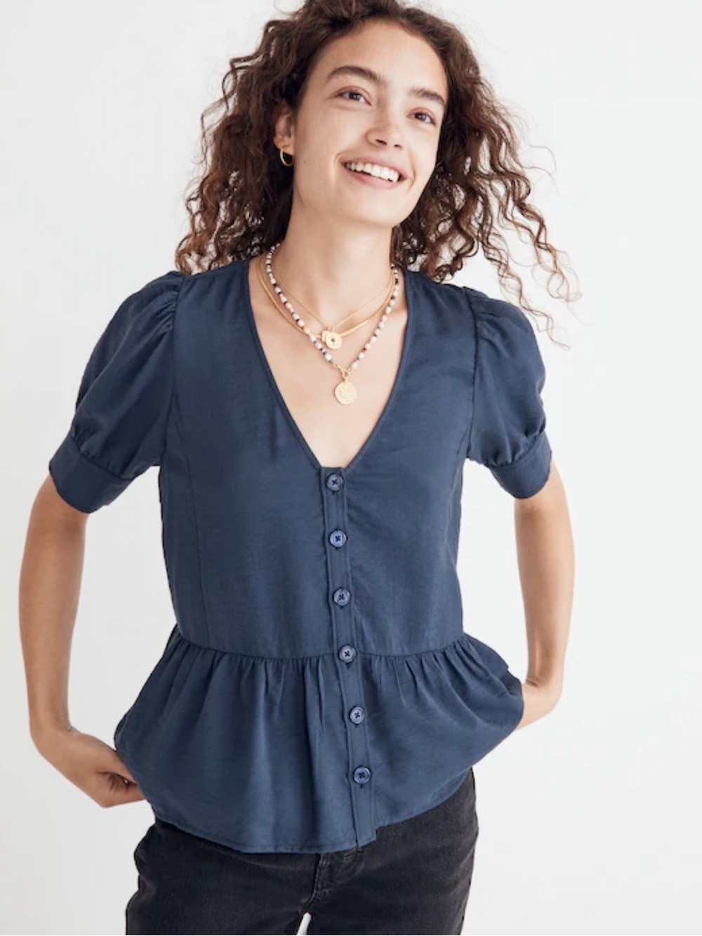 Madewell | Drapeweave Puff-Sleeve Peplum
Top | Dark Baltic | XS